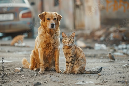 Sad homeless lonely dog and cat in the middle of the street 