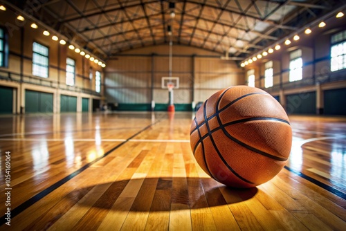 A basketball is sitting on the floor of a gym