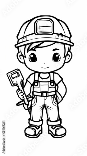 Cartoon character of a young construction worker holding a tool, wearing overalls and a hard hat.