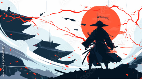 Flat illustration of samurai. Japanese warrior.