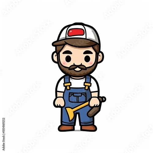 Cartoon character of a man in overalls, holding a baseball bat, with a cap featuring a red circle design.