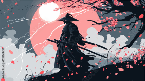 Flat illustration of samurai. Japanese warrior.