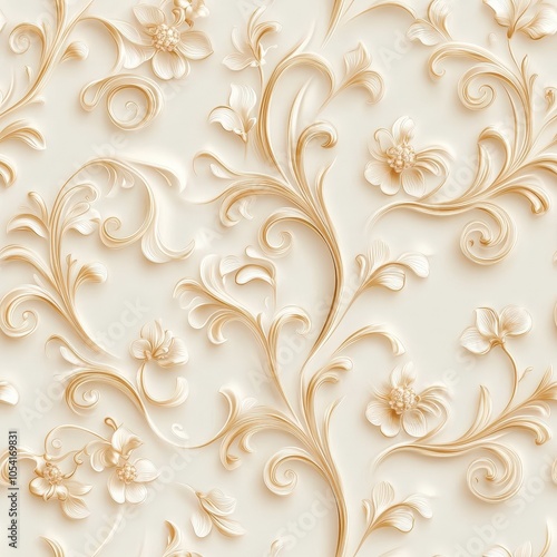 Seamless elegant gold Floral Damask Pattern with 3D Relief Effect