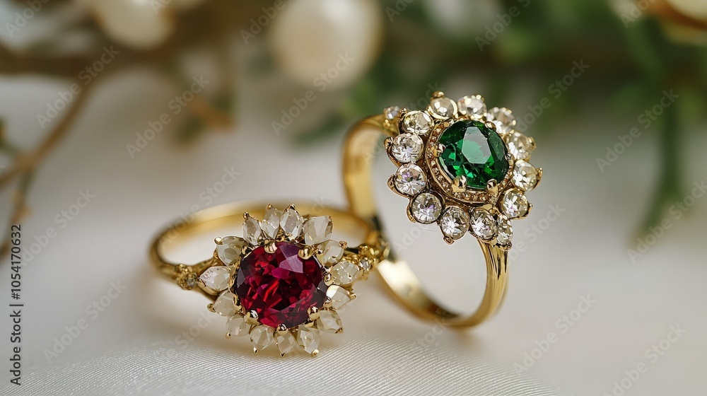 Fototapeta premium Three gold rings with gemstones on white background.