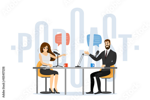 Businessman and businesswoman discussing in business radio broadcast studio. Man and woman with microphones and podcast inscription background. Live streaming channel show podcasting and broadcasting