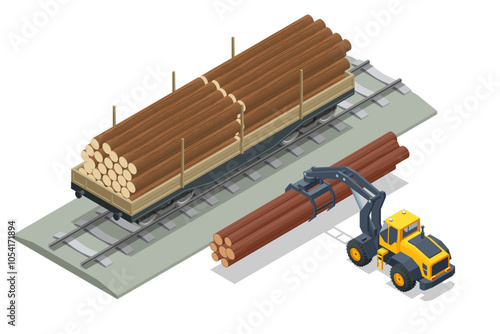 Isometric freight train loaded with pine trunks showcases a powerful locomotive hauling timber along the railway platform. Railway freight wagons, railway platform for timber transportation