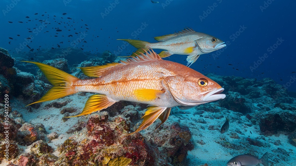 Fototapeta premium Two red snappers swimming over a coral reef.