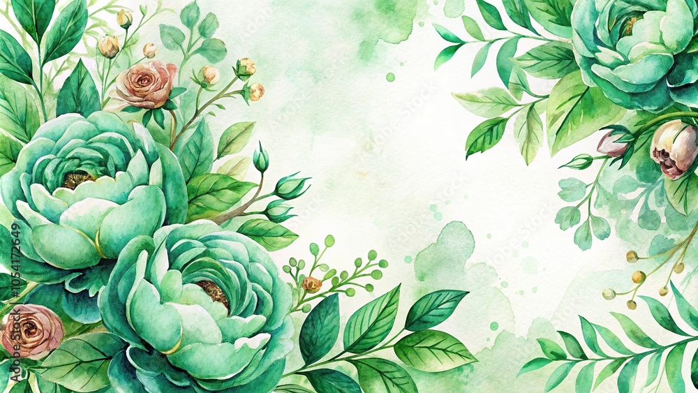 Fototapeta premium Vintage watercolor emerald green peony roses invitation frame