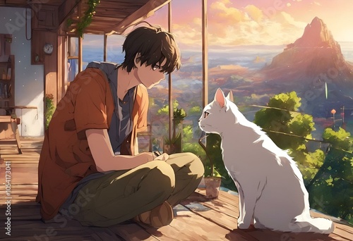 young man sitting on deck with cat looking at him over a lake