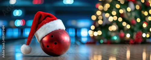 Christmas-themed bowling ball wearing a Santa hat, festive background blurred.
