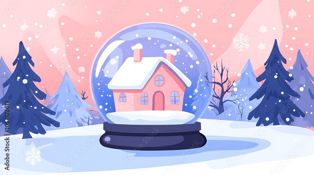 Fototapeta premium Magical Snow Globe with Cozy House Illustration