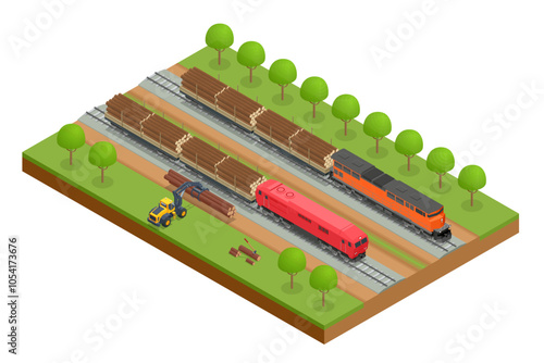 Isometric freight train loaded with pine trunks showcases a powerful locomotive hauling timber along the railway platform. Railway freight wagons, railway platform for timber transportation