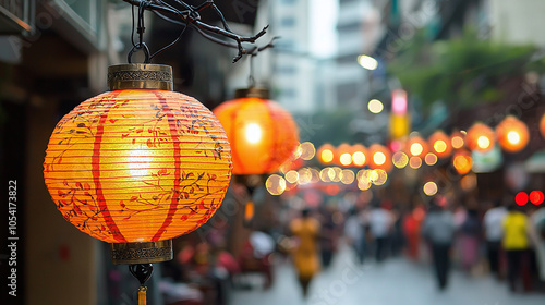 A vibrant street scene featuring glowing orange lanterns, creating a warm ambiance amidst a bustling urban backdrop. photo