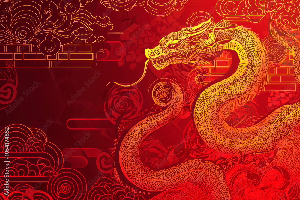Fototapeta premium Illustration of a golden snake for the Chinese New Year on red background