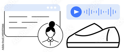 Browser window with user profile, playback button with audio waves, and sleek shoe design. Ideal for user interfaces, e-commerce, design, technology, profiles, fashion, multimedia. Line metaphor