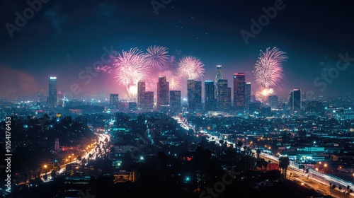 Los Angeles Skyline with Fireworks Display