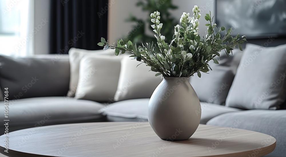 Close-up of a coffee table, sofa and vase. Modern living room minimal home interior design ideas. Modern minimalist style with ceramic vase with flower branches on round wooden table against window. Close-up of a coffee table, sofa and vase. Modern living room minimal home interior design ideas. Modern minimalist style with ceramic vase with flower branches on round wooden table against window.