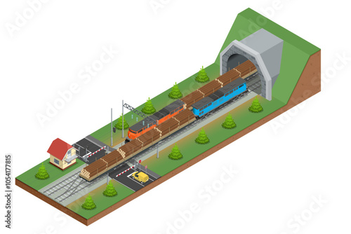 Isometric freight train loaded with pine trunks showcases a powerful locomotive hauling timber along the railway platform. Railway freight wagons, railway platform for timber transportation