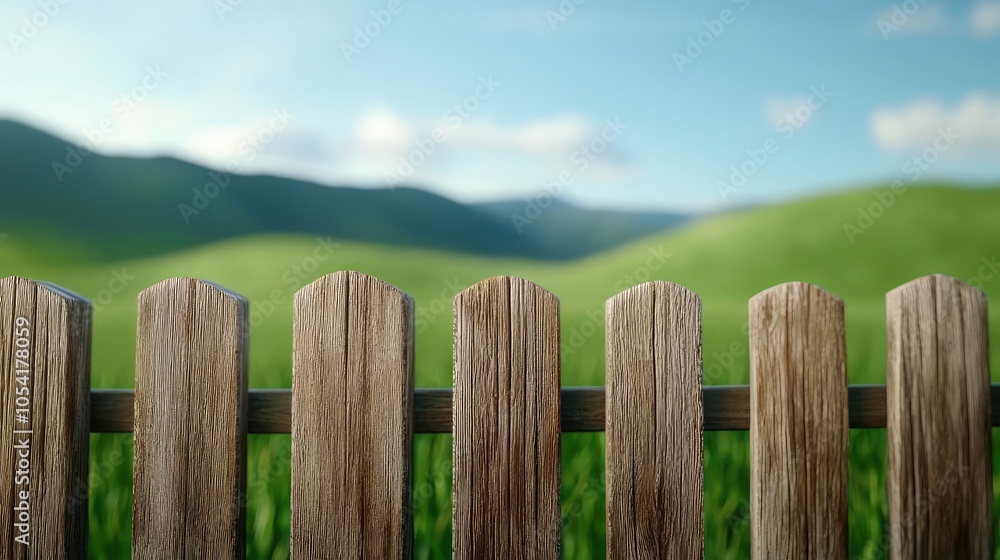 Obraz premium A rustic wooden fence with a blurred background of rolling green hills and a clear sky, evoking a sense of tranquility and natural beauty.