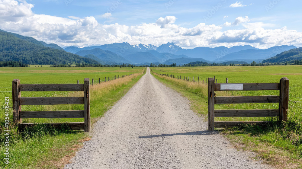 A scenic dirt road leading through a vast green field with mountains in the background under a clear blue sky. A scenic dirt road leading through a vast green field with mountains in the background under a clear blue sky.
