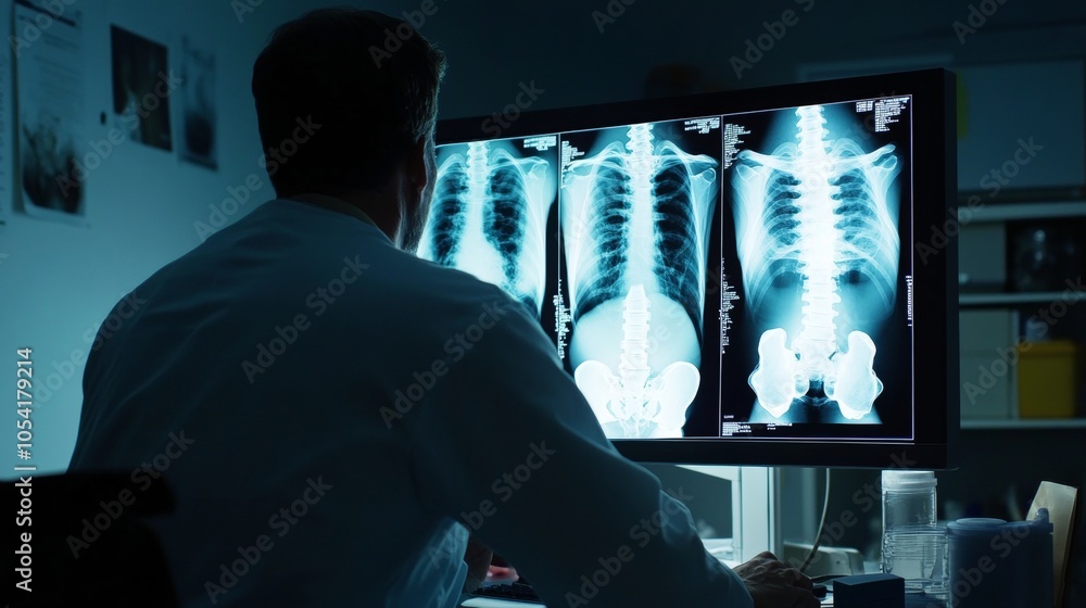 Fototapeta premium Doctor evaluating complications in hip replacement using medical x ray imaging analysis