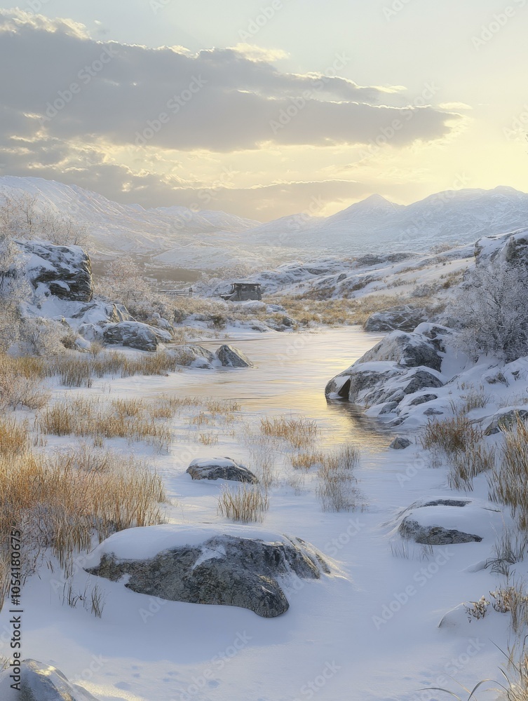 Obraz premium Snowy Mountain Landscape with Frozen River