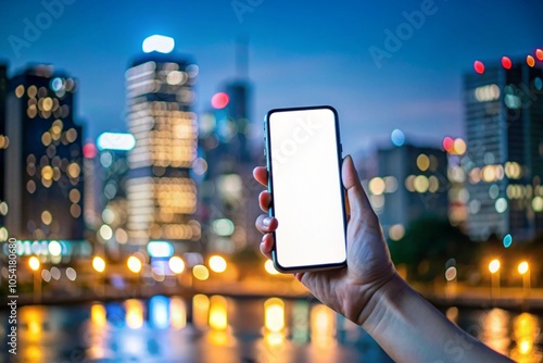 A person is holding a white cell phone in front of a city skyline