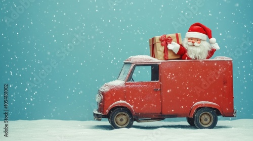 Santa Claus riding atop a red van with a large gift box, surrounded by a snowy scene and a blue sky backdrop