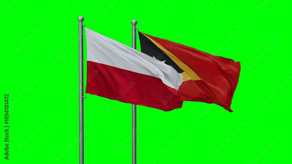 East Timor and Poland flags flying together, video concept of the relationship with colored chroma key for easy background remove, two country cooperation concept East Timor and Poland flags flying together, video concept of the relationship with colored chroma key for easy background remove, two country cooperation concept