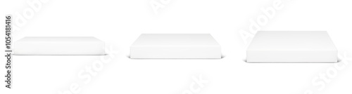 3d white square podium. Product platform isolated vector. Empty cube stage for studio scene. Geometric gray display base block for museum showroom. Expo clear marble showcase for presentation.