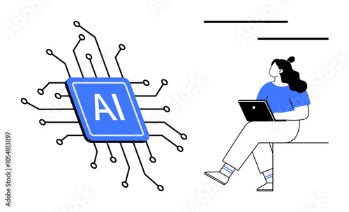 AI microchip with circuit lines and woman using laptop. Ideal for technology, AI learning, future of work, digital education, innovation, automation, and remote workspace. Line metaphor