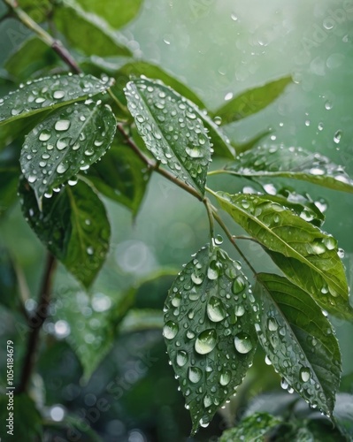 Background. Delicate pastel halftones. Green leaves and water drops: create a feeling of naturalness and moisturisation, HDR