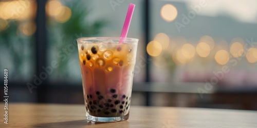 colorful boba tea drink with a straw in its claws, against a blurred, creamy background with subtle bokeh. pastel sheen photo