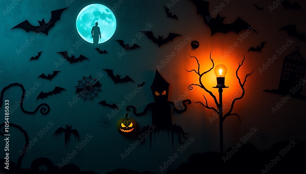 Fototapeta premium Halloween background with pumpkins and bats, wallpaper, banner.