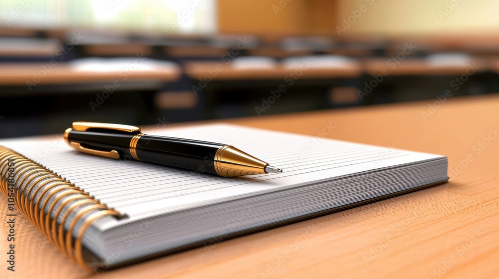 Fototapeta premium A ballpoint pen gliding across a notebook during a classroom lecture.