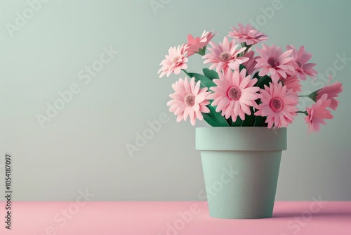 Wallpaper Mural Floral arrangement, pink flowers, pastel colors, home decor, potted plants, soft lighting A lovely bouquet of pink daisies in a mint colored pot against a soft pastel background Torontodigital.ca