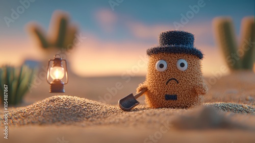 A sad, fluffy creature with a hat and bowtie sits in the desert with a shovel and a lantern. photo