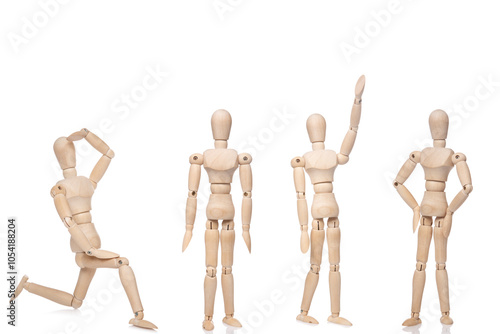 Wooden Art Mannequins in Various Poses on White Background