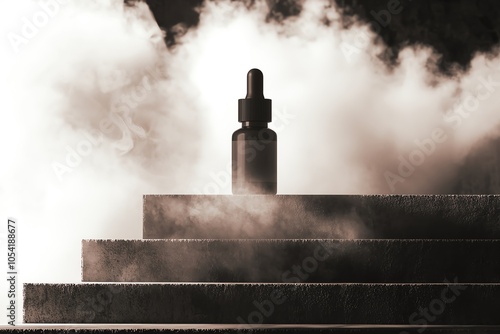 A sleek black dropper bottle stands atop stairs, surrounded by a dramatic fog, creating an intriguing and atmospheric scene.