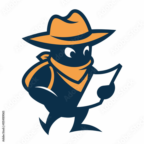 Explorer mascot logo, wearing a hat and carrying a map