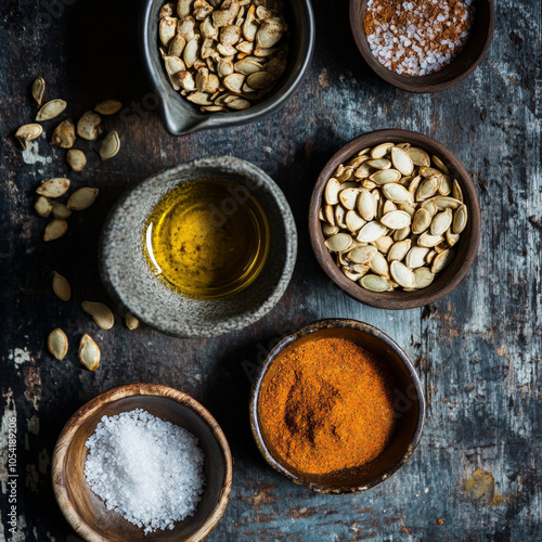 Spiced Pumpkin Seeds with raw pumplin seeds and olive oil and smoked paprika and garlic powder and sea salt and cayenne pepper photo