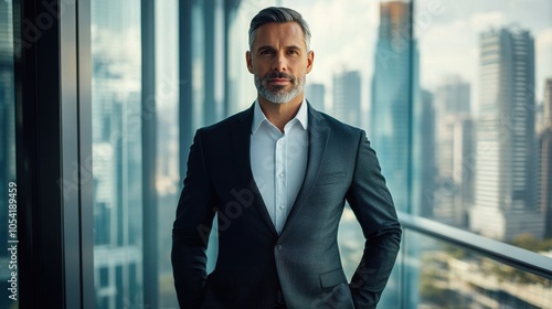 A confident middle-aged male business executive stands in an urban environment. This portrait showcases leadership and professionalism against a modern backdrop. photo