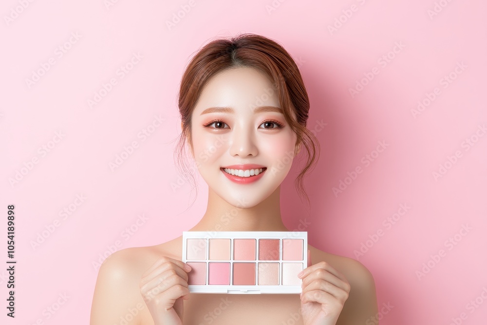 Beautiful Korean Woman with Makeup Palette in Soft Light Beautiful Korean Woman with Makeup Palette in Soft Light