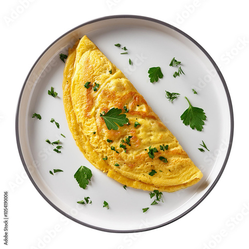 Delicious golden omelet garnished with fresh herbs cut out isolated transparent PNG photo