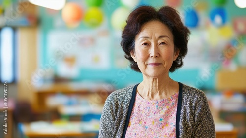 A senior female teacher stands confidently in a vibrant classroom, embodying dedication and experience in education, fostering a supportive learning environment. photo