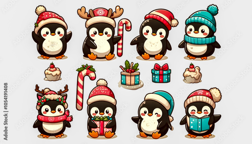 Fototapeta premium Watercolor Clipart set of Cute penguins with Christmas decorations, isolated on a white background 