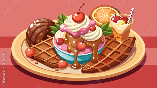 Generative AI illustration of the selective focus of a plate with a waffle cone covered in whipped cream with chocolate topping with cherry decoration