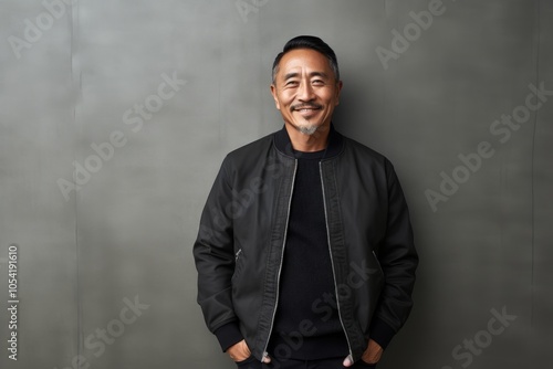 Portrait of a cheerful asian man in his 50s wearing a trendy bomber jacket while standing against bare concrete or plaster wall