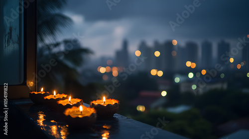 Diya on Balcony Glow Against a Blurred Cityscape photo