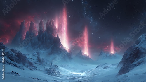 A snowy landscape with tall, jagged mountains illuminated by beams of pink light against a dark, starry sky.